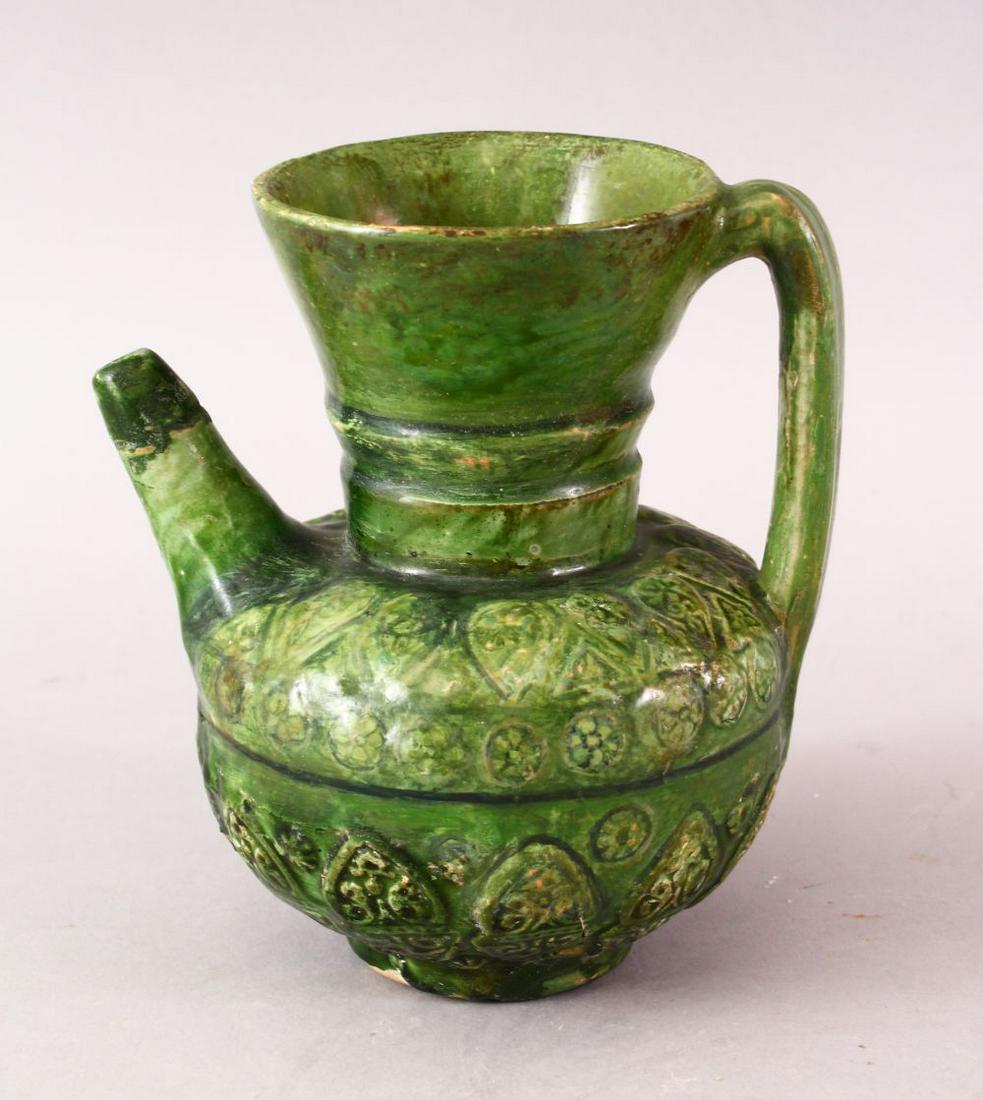 A GOOD ISLAMIC AUMAYAD GREEN GLAZED POTTERY EWER, (1 of 6)