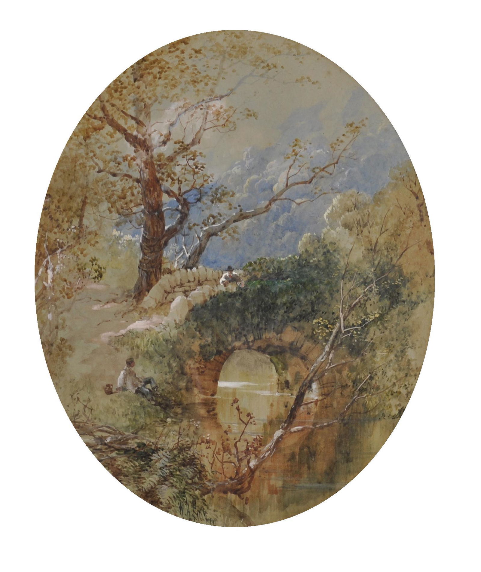 William Henry Pike (1846-1908) British. Figures Resting: William Henry Pike (1846-1908) British. Figures Resting by a River, Watercolour, Signed, Oval, 14" x 11".