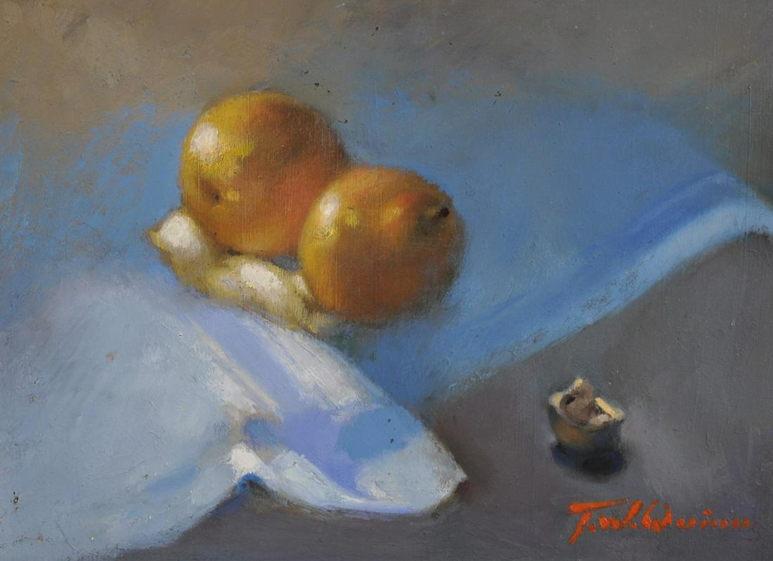 Tom W. Quinn (1918-2015). Pears on White Linen, Oil on: Tom W. Quinn (1918-2015). Pears on White Linen, Oil on Board, Signed, 12" x 16".