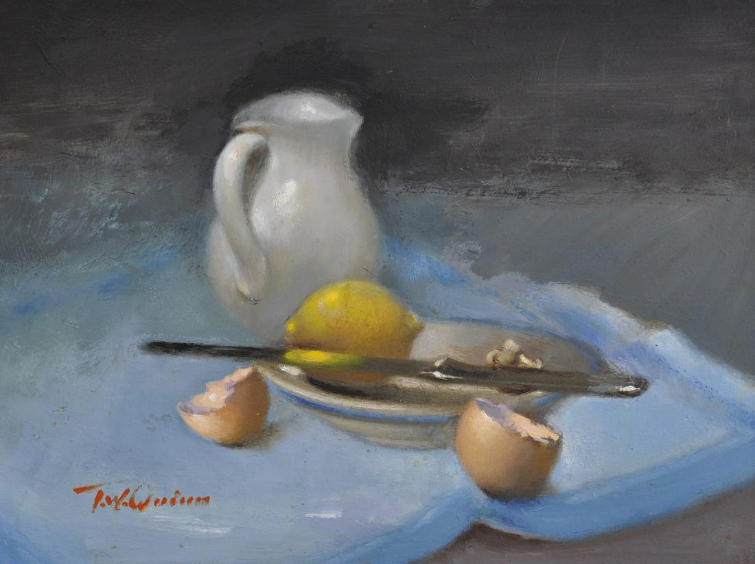 Tom W. Quinn (1918-2015). Lemons & Eggshells, Oil on Bo: Tom W. Quinn (1918-2015). Lemons & Eggshells, Oil on Board, Signed, 15" x 20".