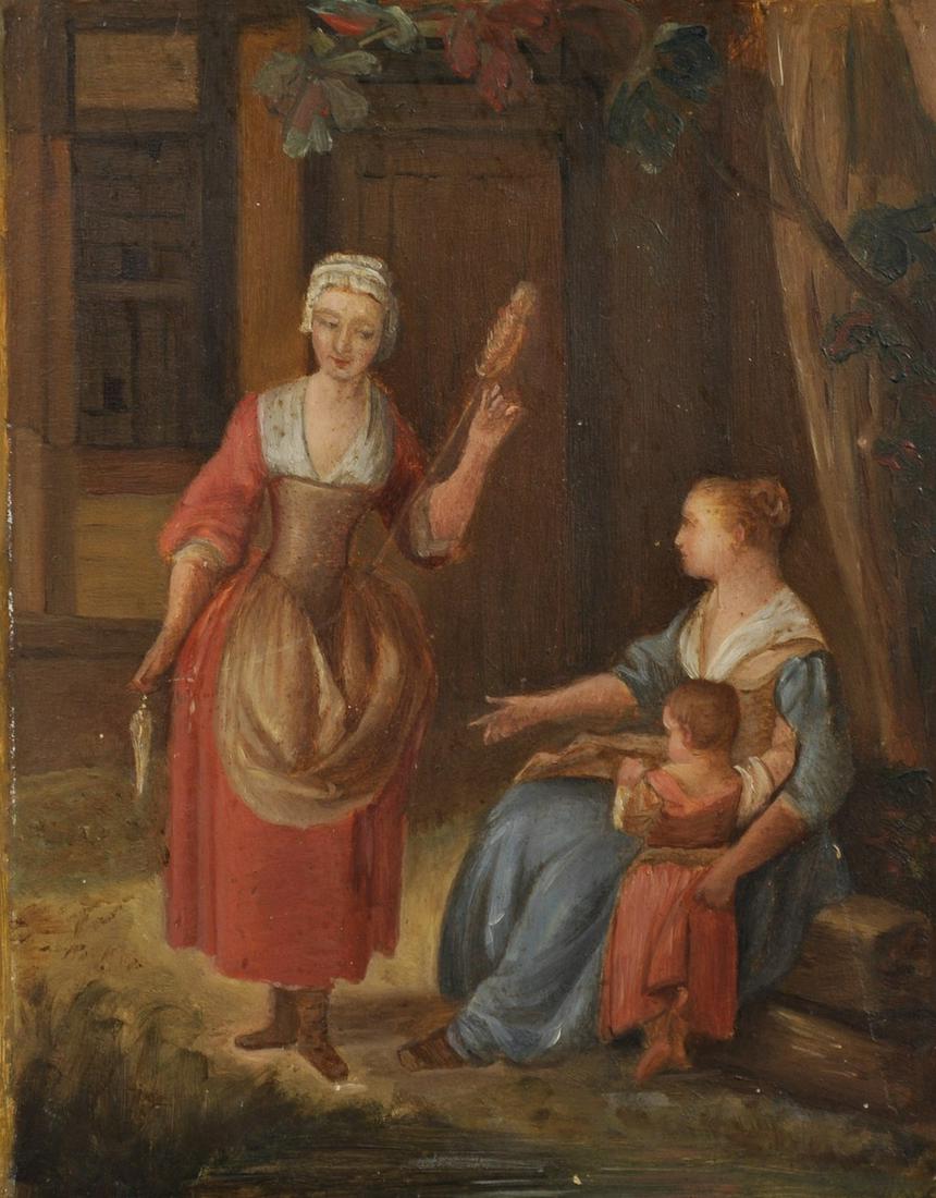 19th Century Continental School. Spinning Yarn, Two: 19th Century Continental School. Spinning Yarn, Two Ladies and a Child, Oil on Panel, Indistinctly Inscribed on Reverse, 9" x 7".