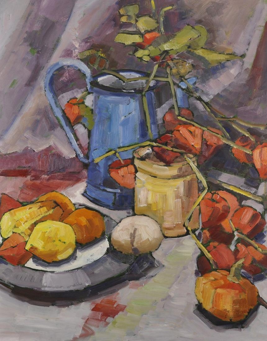 Roger Collin (20/21st Century) British. A Still Life of: Roger Collin (20/21st Century) British. A Still Life of a Blue Jug with Fruit, Oil on Paper, Signed Verso, 25.5" x 19.5".