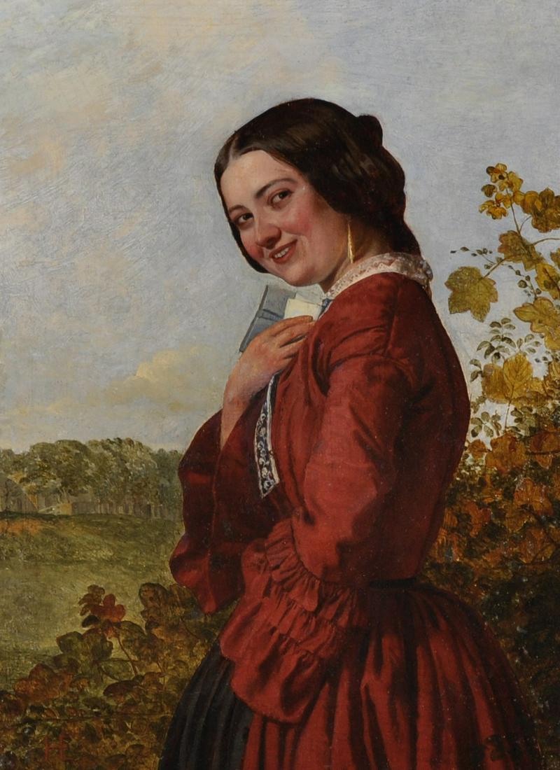 Henry Hetherington Emmerson (1831-1895) British. 'No 3,: Henry Hetherington Emmerson (1831-1895) British. 'No 3, The Love Letter', with a Young Girl in a Landscape, Oil on Panel, Signed with Initials, and Inscribed on a Label Verso, 12" x 9".
