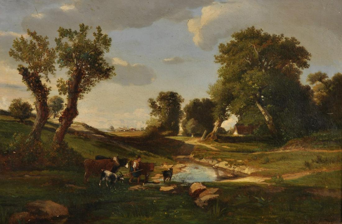 Jules Andre (1807 - 1869) French. A River Landscape,: Jules Andre (1807 - 1869) French. A River Landscape, with Drover and Cattle in the Foreground, Oil on Paper, Signed, 10.75" x 16".