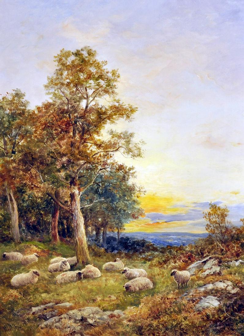 David Bates (1840-1921) British. 'Settling Down for the: David Bates (1840-1921) British. 'Settling Down for the Night', Oil on Canvas, Signed, 24" x 18".