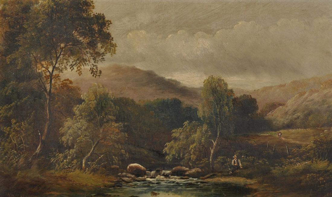 Henry Harris (1852-1926) British. Fisherman by a Stream: Henry Harris (1852-1926) British. Fisherman by a Stream with Hills in the Distance, Oil on Canvas, Signed, 9" x 15".
