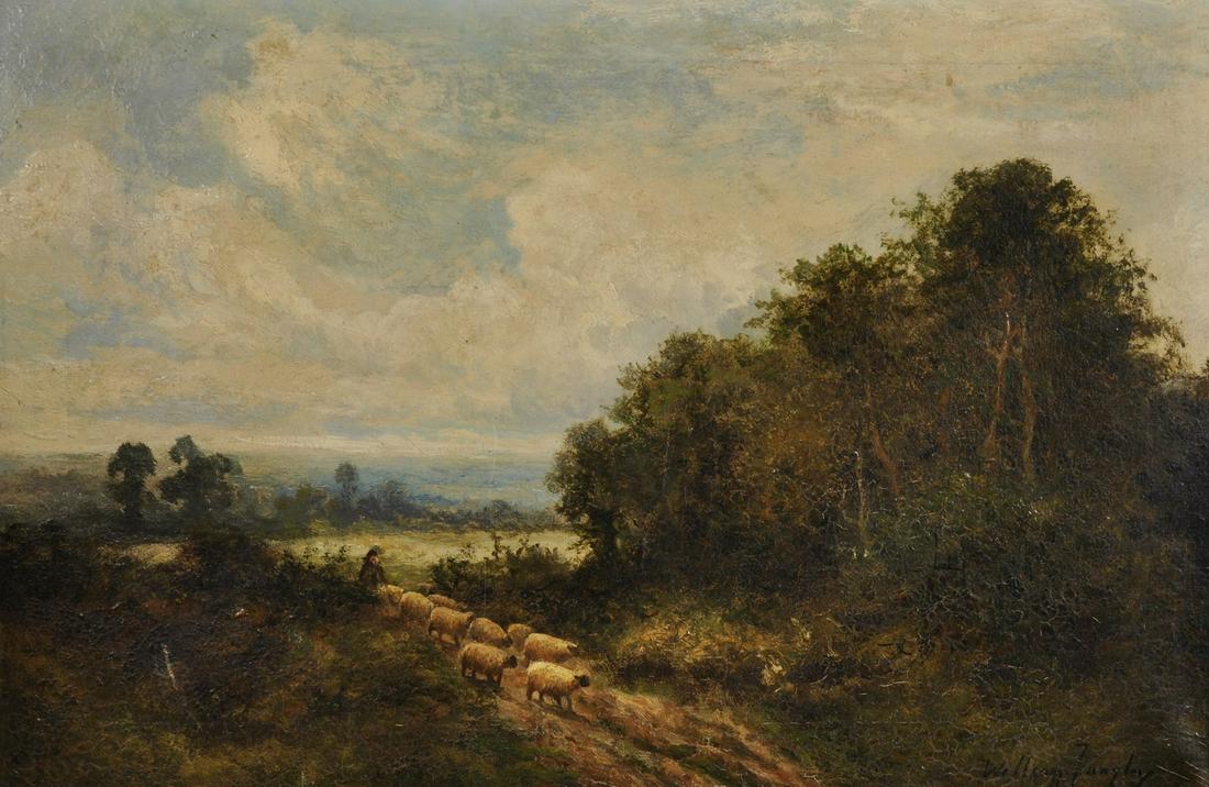 William Langley (act.1880-1920) British. A Landscape,: William Langley (act.1880-1920) British. A Landscape, with a Shepherd and Flock, Oil on Canvas, Signed, 16" x 24".