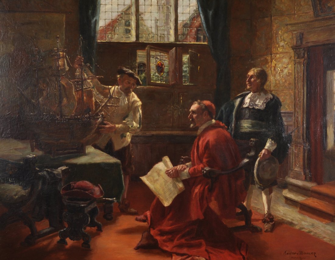 Ludwig Nauer (1888-1965) German. An Interior Scene,: Ludwig Nauer (1888-1965) German. An Interior Scene, with a Cardinal Viewing a Model Ship, Oil on Panel, Signed and Inscribed 'Munchen', 26" x 32".
