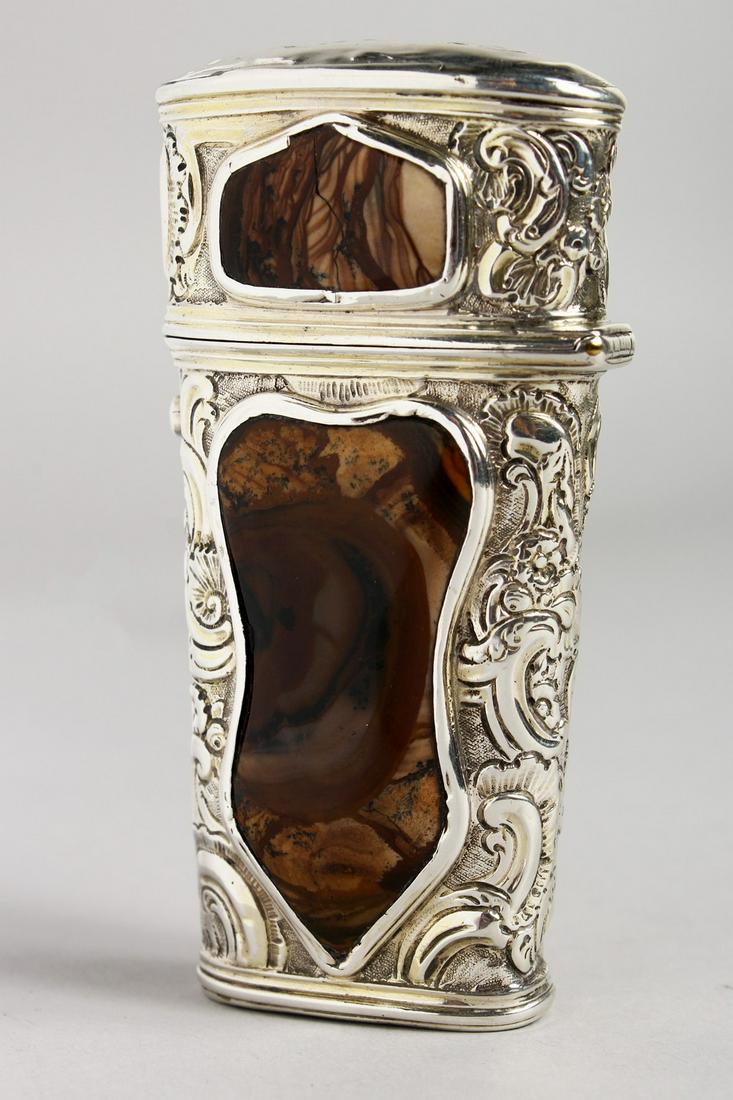 AN 18TH CENTURY CONTINENTAL SILVER AND HARDSTONE: AN 18TH CENTURY CONTINENTAL SILVER AND HARDSTONE NECESSAIRE, with scissors, pencil, etc. 3.5ins long.