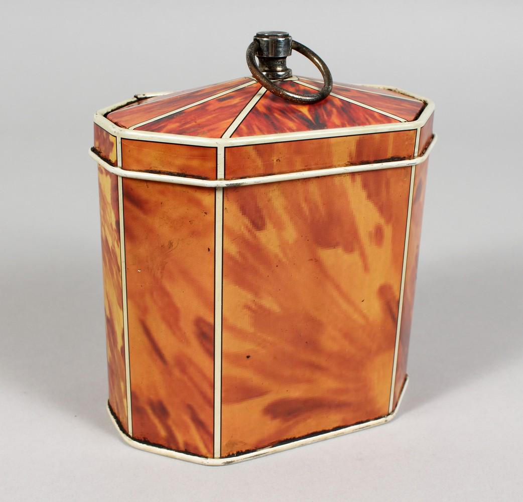 A GEORGE III DESIGN TOLEWARE TORTOISESHELL TEA CADDY.: A GEORGE III DESIGN TOLEWARE TORTOISESHELL TEA CADDY. 3.5ins high.
