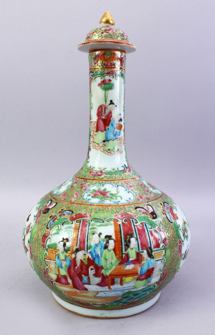 A GOOD 19TH CENTURY CHINESE CANTON FAMILLE ROSE: A GOOD 19TH CENTURY CHINESE CANTON FAMILLE ROSE PORCELAIN BOTTLE VASE & LID, with paneled decoration depicting figures in garden settings and birds and butterflies amongst flora, upon a scrolling foli