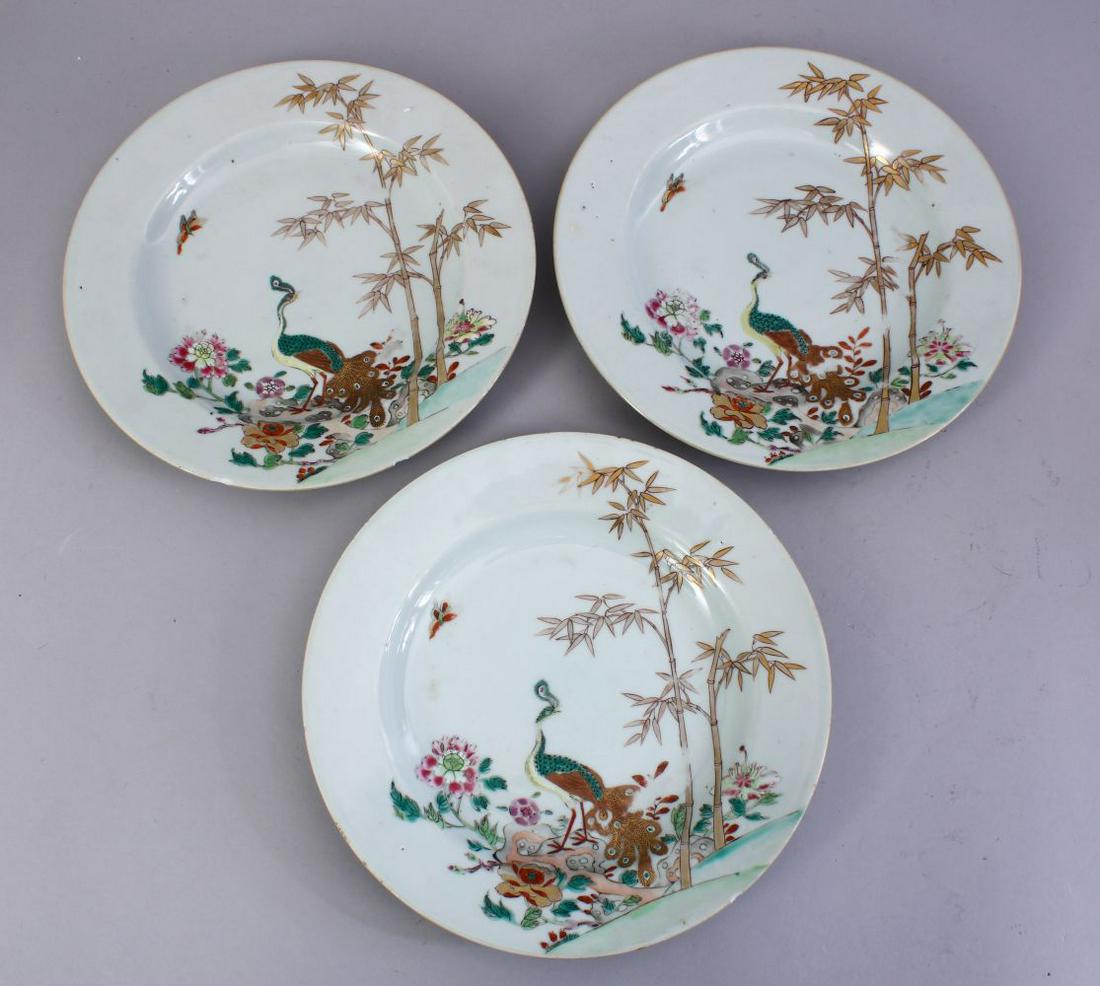 THREE 18TH CENTURY CHINESE FAMILLE ROSE PLATES, (1 of 5)