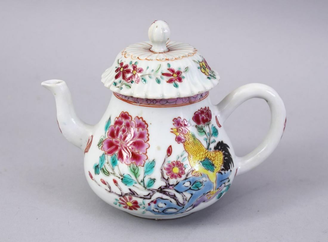 AN 18TH CENTURY CHINESE FAMILLE ROSE PORCELAIN TEA POT: AN 18TH CENTURY CHINESE FAMILLE ROSE PORCELAIN TEA POT & COVER, decorated with scenes of cockeral and flora, 10cm high.