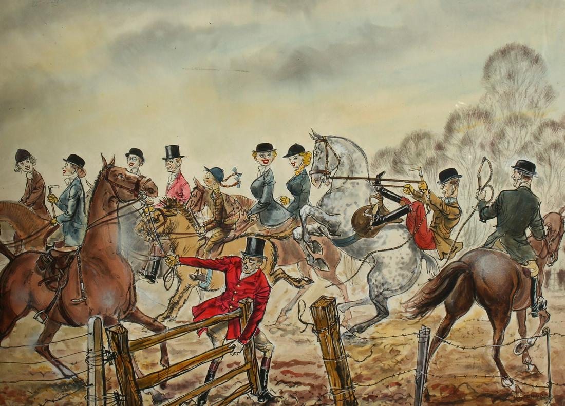 W. Owen Ward (British). A Comical Scene of a Riding: W. Owen Ward (British). A Comical Scene of a Riding Party, Watercolour, Signed, 22" x 30".