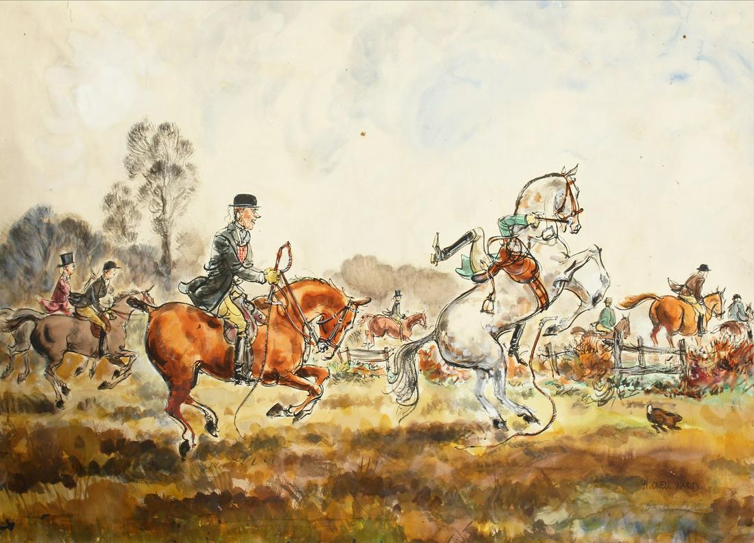 W. Owen Ward (British). A Comical Scene of Riders: W. Owen Ward (British). A Comical Scene of Riders Jumping, Watercolour, Signed, 21" x 28", and two further Watercolours by the same Artist. (3). Unframed.