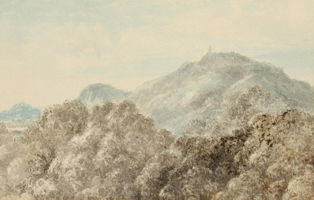 Circle of Arthur Devis. Wooded Landscape with Mountains: Circle of Arthur Devis. Wooded Landscape with Mountains Beyond, Watercolour, 5.5" x 9".