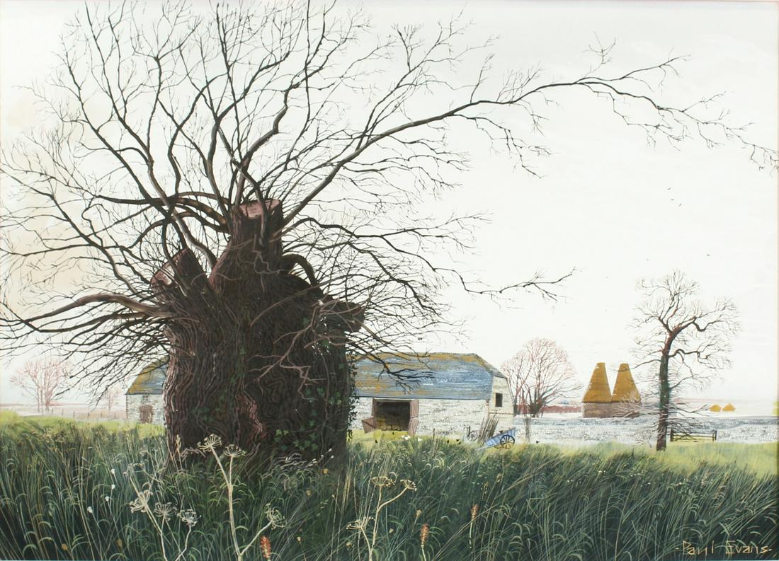 Paul Evans (b.1950) British. Landscape with Barn, Oasts: Paul Evans (b.1950) British. Landscape with Barn, Oasts and a Pollard Oak, Gouache, Signed, 18.5" x 27".