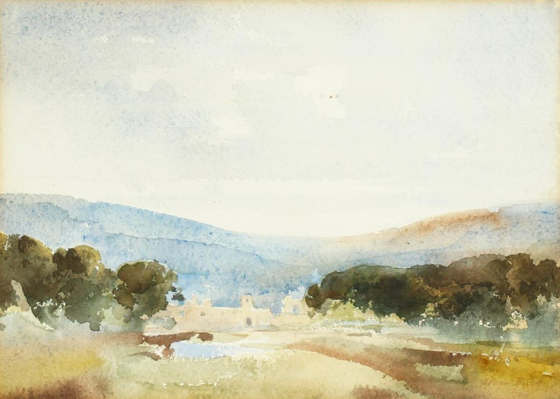 Adrian Bury (1891-1991) British. Welsh Landscape,: Adrian Bury (1891-1991) British. Welsh Landscape, Watercolour, Signed 7.5" x 10", bears exhibition label verso; Royal Society for Painters in Watercolour.