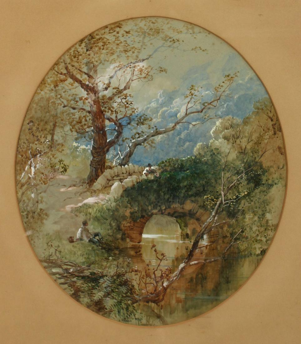 William Henry Pike (1846-1908) British. Figures Resting: William Henry Pike (1846-1908) British. Figures Resting by a River, Watercolour, Signed, Oval, 14" x 11".