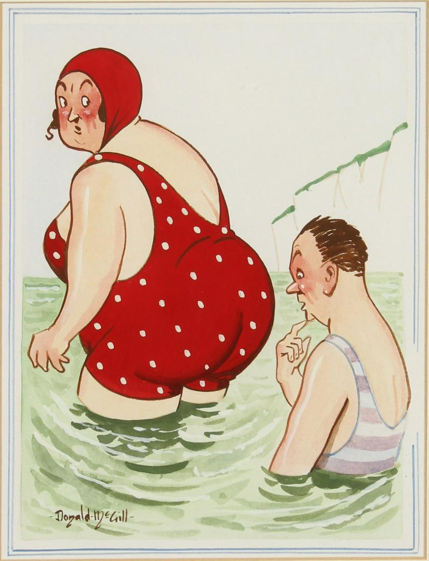 Donald McGill (1875-1962) British. 'Sea Bathing is Good: Donald McGill (1875-1962) British. 'Sea Bathing is Good for my Arthritis', 'Well You Ain't Got it Under the Water You Know', Watercolour and Bodycolour, Signed and Inscribed, 7.5" x 5.5".