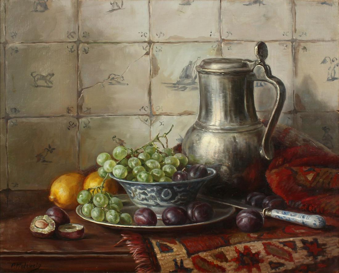 E. P. Moleveld (b.1946) Dutch. A Still Life of a Pewter: E. P. Moleveld (b.1946) Dutch. A Still Life of a Pewter Tankard and Fruit, Oil on Canvas, Signed, 15.5" x 19.5".