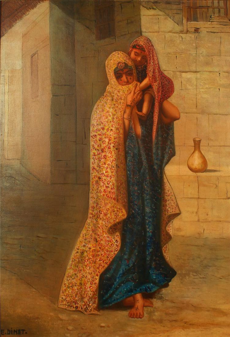 20th Century Orientalist School. A Scene of a Young: 20th Century Orientalist School. A Scene of a Young Veiled Woman Carrying a Child through a Town Street, Oil on Canvas, bears signature E. Dinet. 39" x 27".