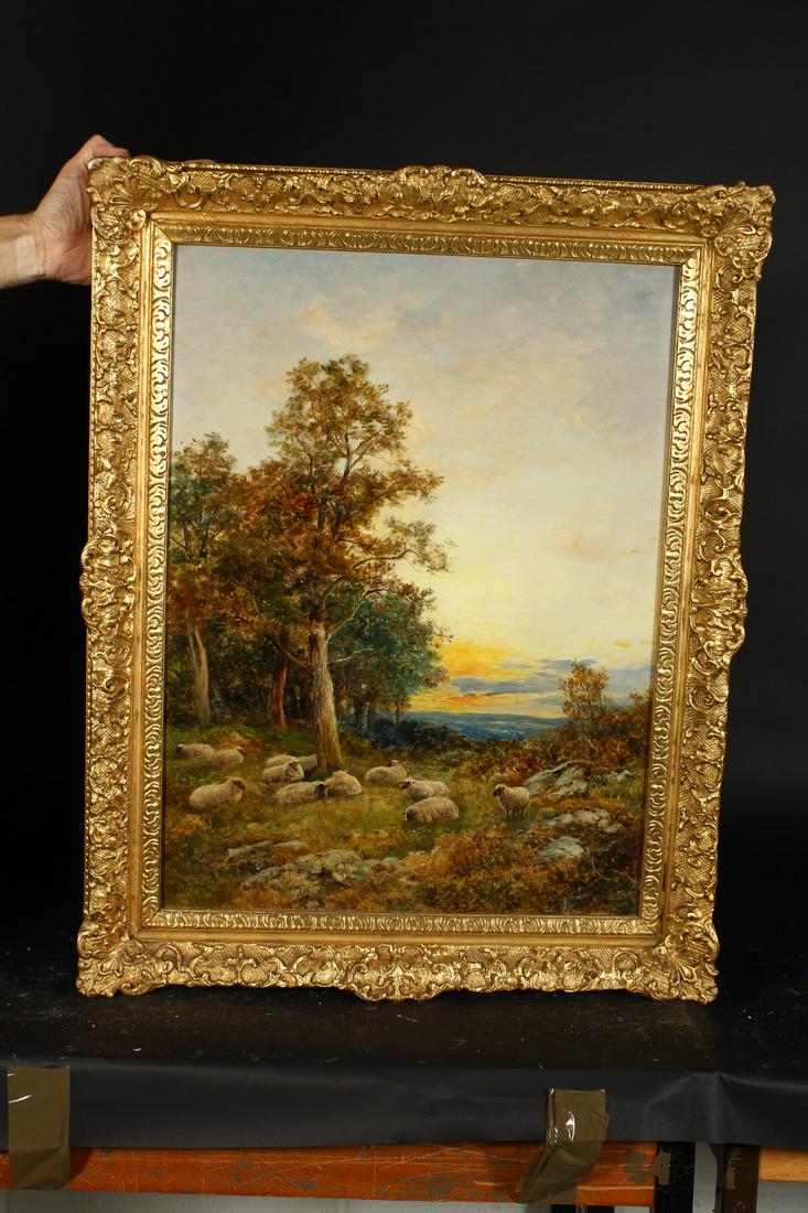 David Bates (1840-1921) British. 'Settling Down for the: David Bates (1840-1921) British. 'Settling Down for the Night', Oil on Canvas, Signed, 24" x 18".