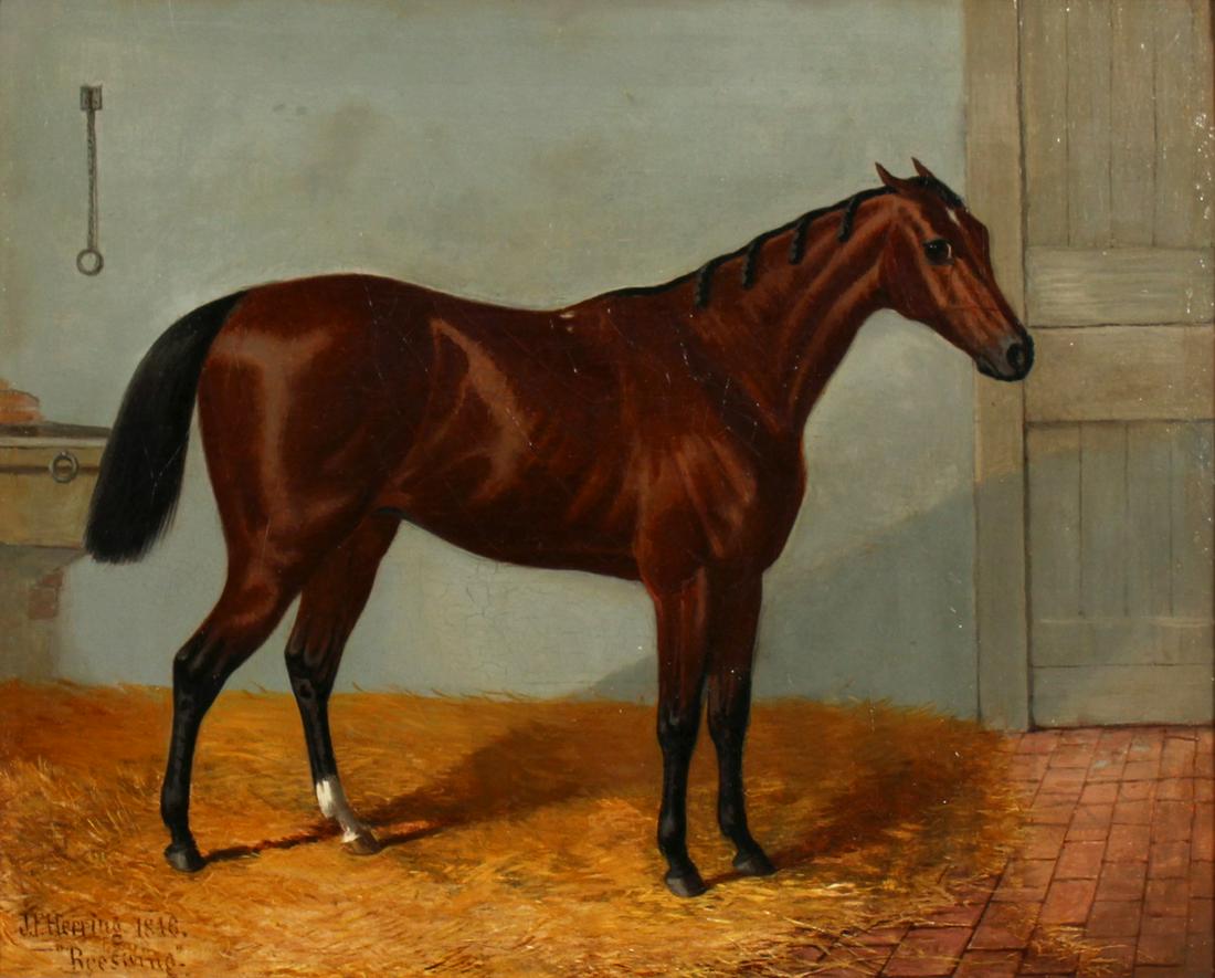 John Frederick Herring Sr. (1795-1865) British.: John Frederick Herring Sr. (1795-1865) British. 'Beeswing', Portrait of a Horse in a Stable, Oil on Board, Signed, Inscribed and Dated 1846, 11" x 14".