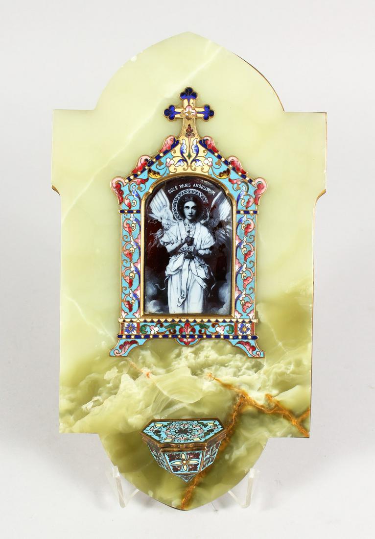 A GOOD ONYX AND CHAMPLEVE ENAMEL HOLY WATER FONT.: A GOOD ONYX AND CHAMPLEVE ENAMEL HOLY WATER FONT. 12ins long, 7ins wide.