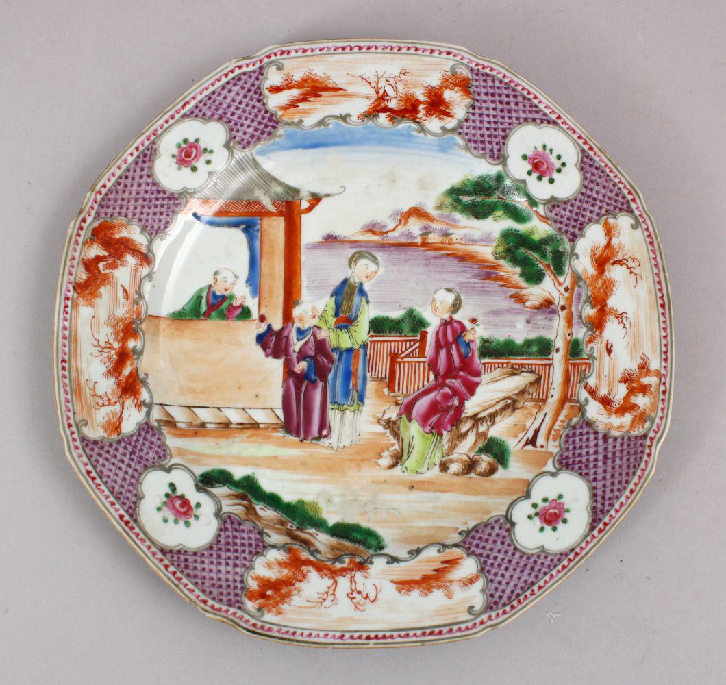 A GOOD CHINESE 18TH CENTURY MANDARIN FAMILLE ROSE: A GOOD CHINESE 18TH CENTURY MANDARIN FAMILLE ROSE PORCELAIN PLATE, depicting figures in a landscape, 23cm.