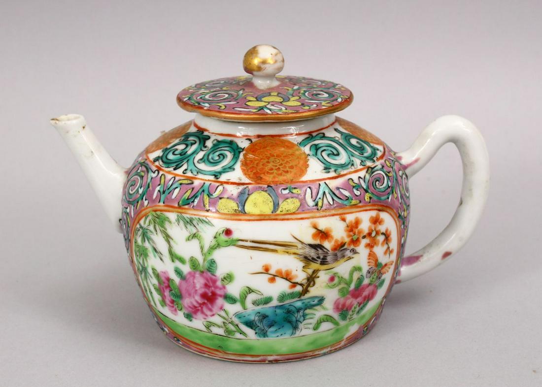 A 19TH CENTURY CHINESE FAMILLE ROSE PORCELAIN TEA POT,: A 19TH CENTURY CHINESE FAMILLE ROSE PORCELAIN TEA POT, with panel decoration of native floral scenes, 9cm high.