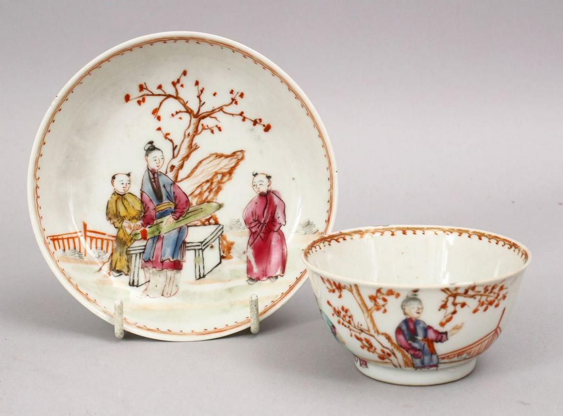 AN 18TH CENTURY CHINESE FAMILLE ROSE PORCELAIN CUP &: AN 18TH CENTURY CHINESE FAMILLE ROSE PORCELAIN CUP & SAUCER, with floral decoration, 11.5cm & 8cm.