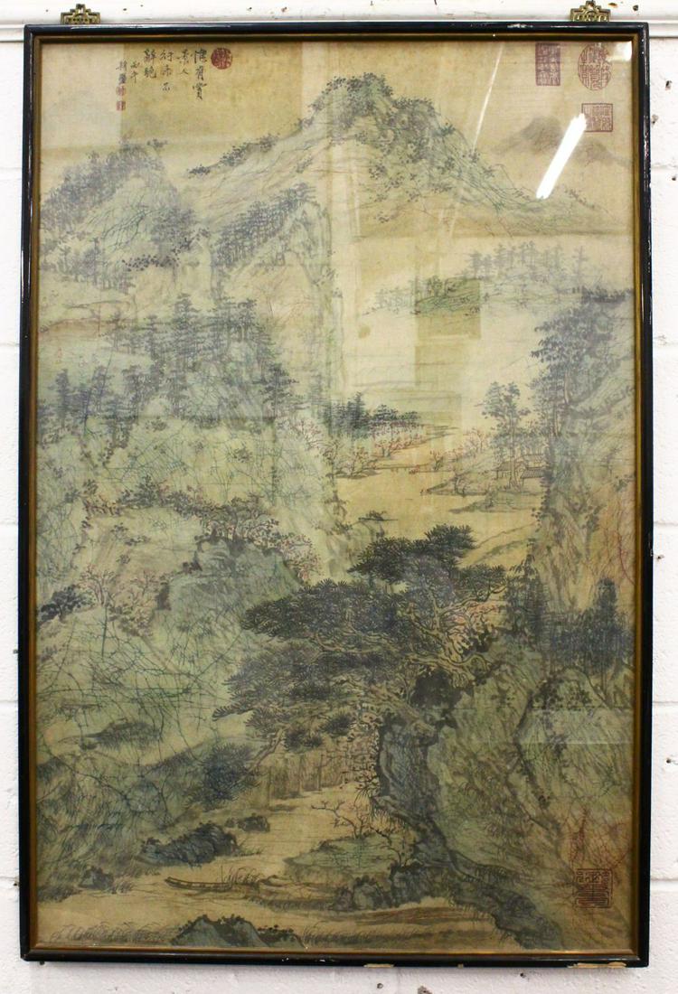 A LARGE CHINESE FRAMED PAINTING ON TEXTILE OF A (1 of 4)