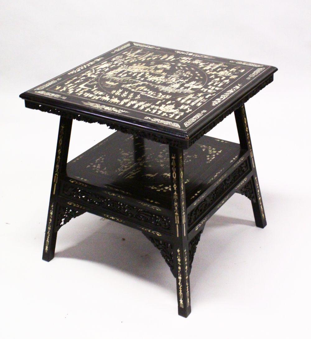 A 19TH CENTURY CHINESE EBONY SQUARE FORM INLAID TABLE,: A 19TH CENTURY CHINESE EBONY SQUARE FORM INLAID TABLE, the table top inlaid with bone to depict native village scenes, with a lower tier further inlaid with flora and animals, with carved frieze panel