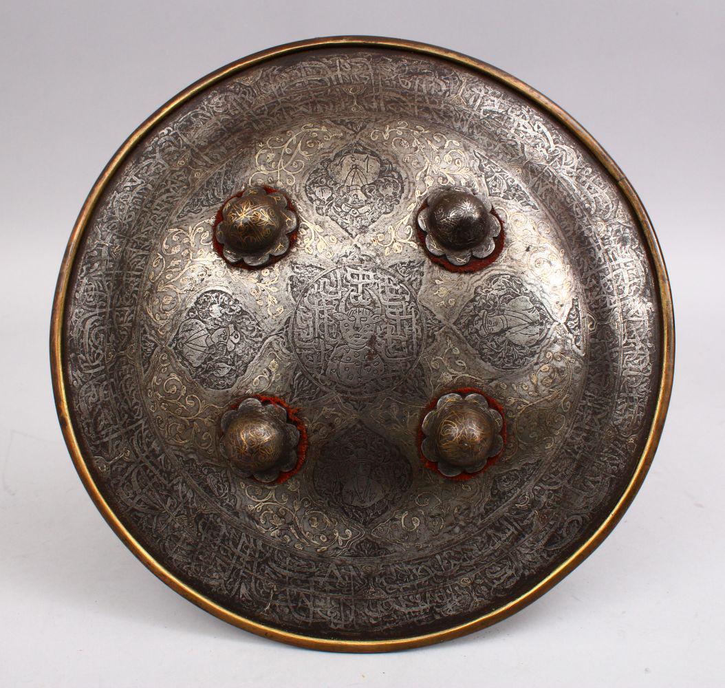 A 19TH CENTURY PERSIAN SILVER INLAID CHILDS SHIELD, (1 of 8)