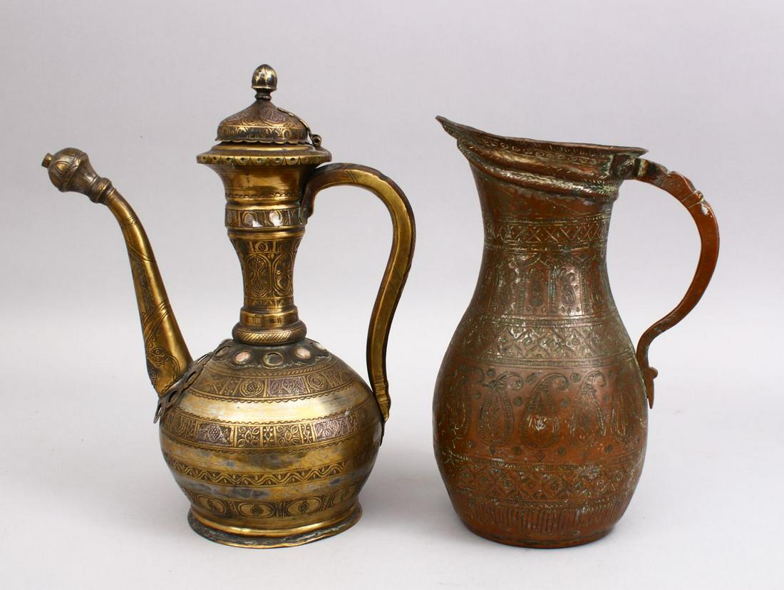 TWO 19TH CENTURY PERSIAN BRASS ENGRAVED JUG / EWER, (1 of 6)