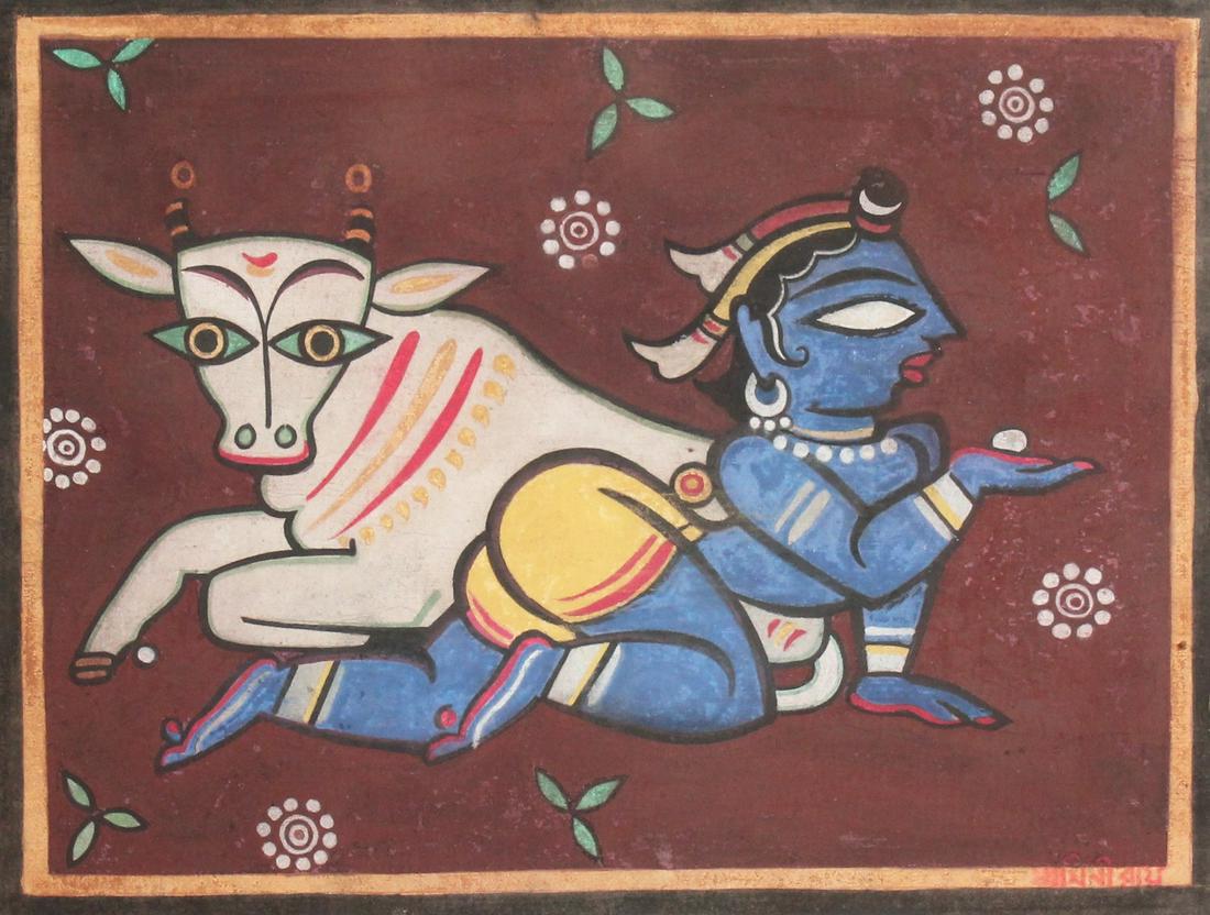 Jamini Roy (1887-1972) Indian. Blue Figure with Cow,: Jamini Roy (1887-1972) Indian. Blue Figure with Cow, Gouache on Board, Signed, 13.5" x 18". Provenance: Purchased directly from the artist by the vendor's grandfather.