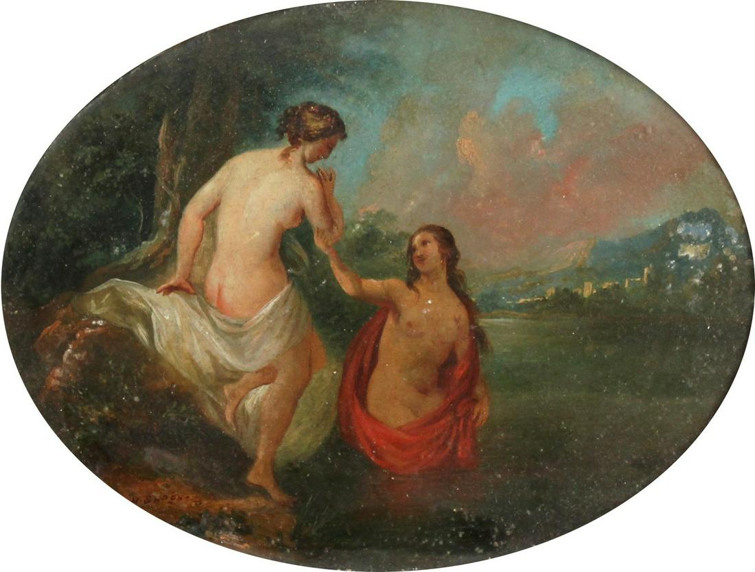 Henri Charles Antoine Baron (1816-1885) French. A Pair: Henri Charles Antoine Baron (1816-1885) French. A Pair of Oil on Panel Scenes of Classical Figures Bathing, Signed. 9.5" x 12" Oval.
