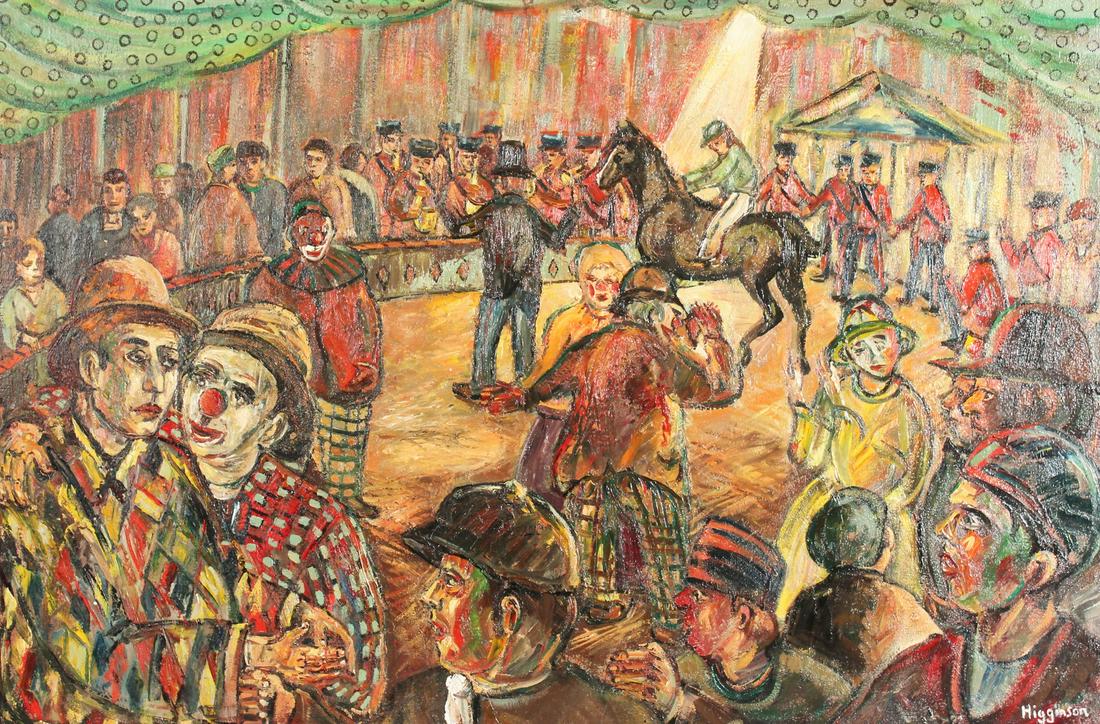 Derek Higginson (1930-2020) British. 'The Sad Clown', a: Derek Higginson (1930-2020) British. 'The Sad Clown', a Circus Scene, Oil on Canvas, Signed. 24" x 36".
