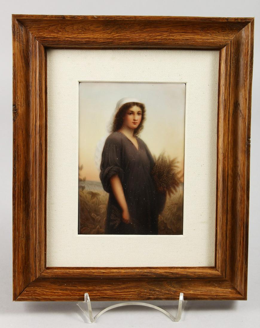 A GOOD GERMAN PORCELAIN PLAQUE, "Ruth in the: A GOOD GERMAN PORCELAIN PLAQUE, "Ruth in the Cornfield". 5.5ins x 3.5ins.