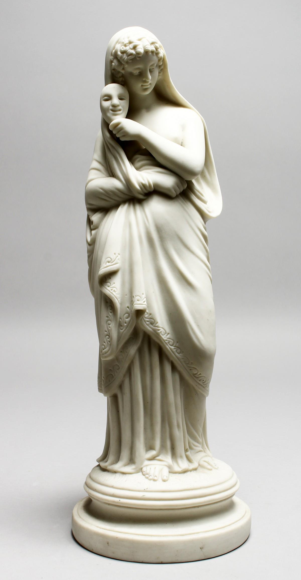 A 19TH CENTURY PARIAN CLASSICAL FEMALE FIGURE, holding: A 19TH CENTURY PARIAN CLASSICAL FEMALE FIGURE, holding a mask. 14ins high.