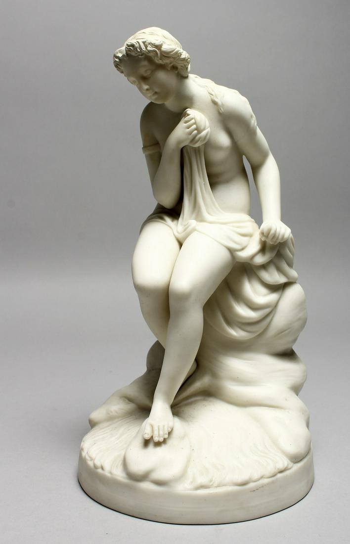 A 19TH CENTURY PARIAN MODEL OF A FEMALE NUDE, sitting: A 19TH CENTURY PARIAN MODEL OF A FEMALE NUDE, sitting on a rock. 10ins high.