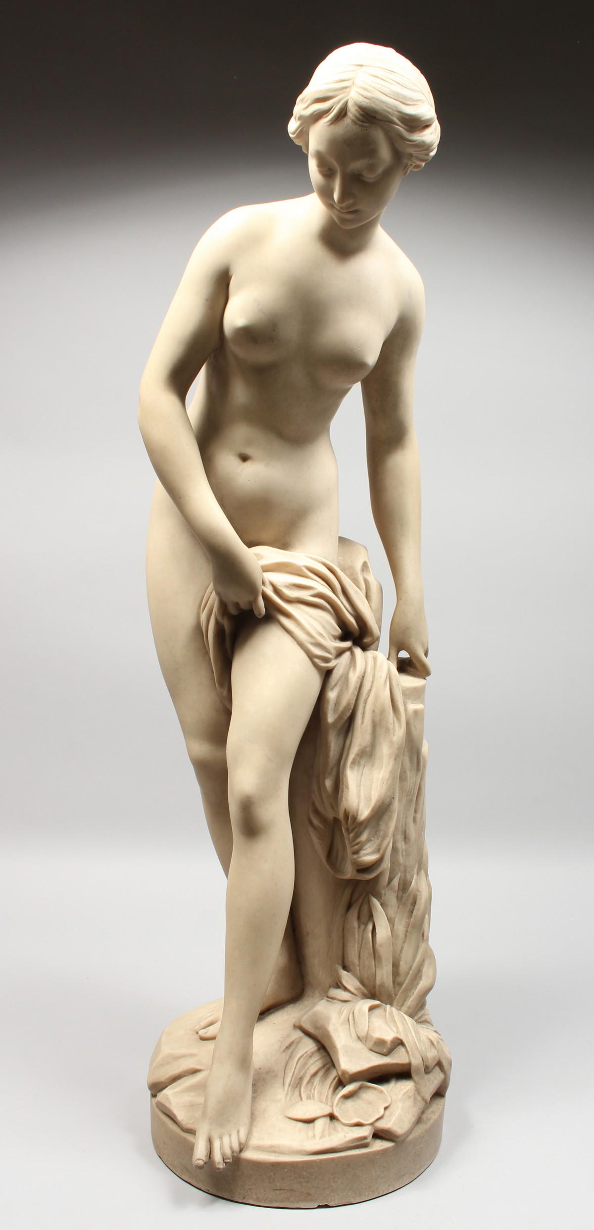 AFTER ETIENNE-MAURICE FALCONET A STANDING FIGURE OF: AFTER ETIENNE-MAURICE FALCONET A STANDING FIGURE OF VENUS, on a circular base. Signed FALCONET FECIT. 32ins high.