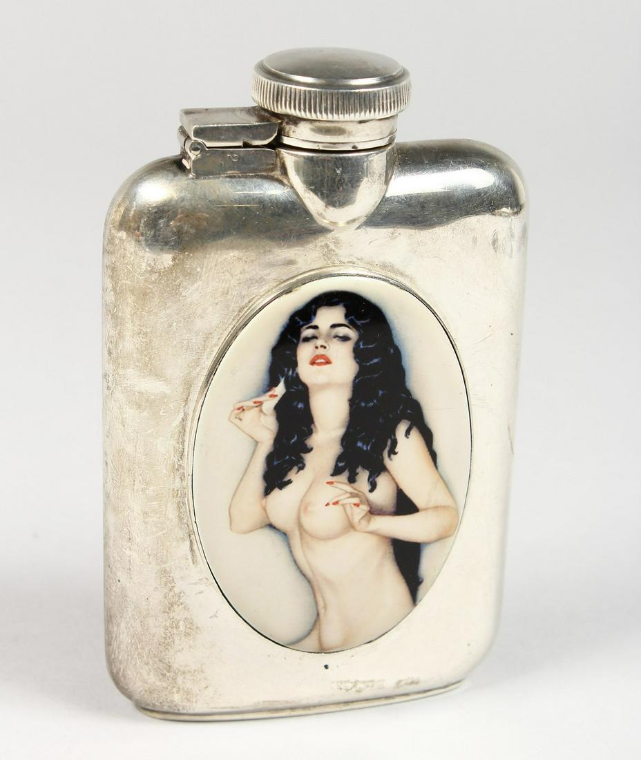 A SILVER HIP FLASK WITH LATER ENAMEL OF A FEMALE NUDE.: A SILVER HIP FLASK WITH LATER ENAMEL OF A FEMALE NUDE. 12cm x 7.5cm