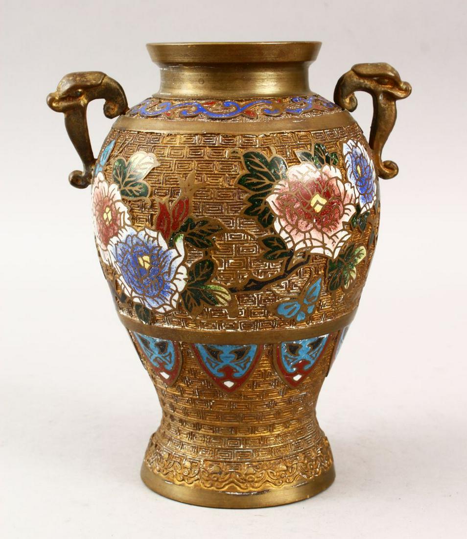 A JAPANESE CLOISONNE ENAMEL TWIN HANDLED VASE, (1 of 6)