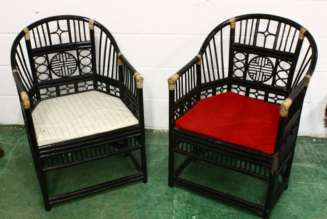 A PAIR OF CHINESE WICKER BAMBOO STYLE BLACK ARM CHAIRS, (1 of 3)