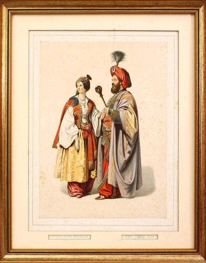 A 19TH CENTURY TURKISH FRAMED PRINT OF TWO FIGURES, (1 of 6)