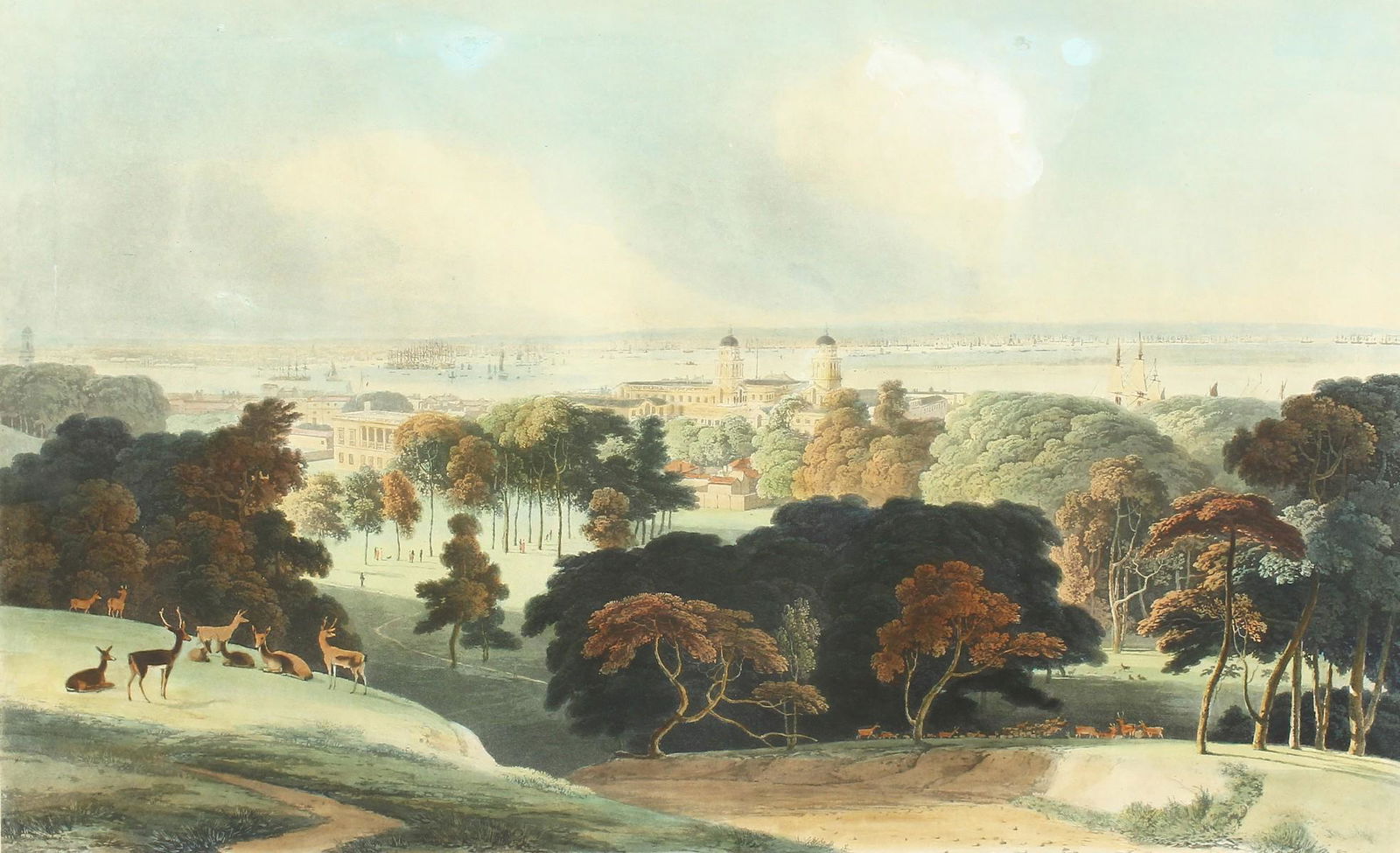 William Daniell. Hand Coloured Early 19th Century: William Daniell. Hand Coloured Early 19th Century Aquatint, 'London from Greenwich Park'. 16" x 26".