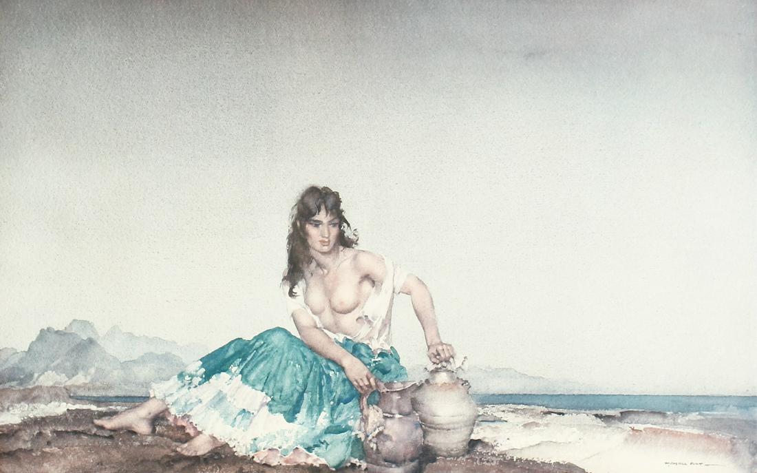 After William Russel Flint. A Semi-clothed Maiden in a: After William Russel Flint. A Semi-clothed Maiden in a Landscape, Signed in Pencil, 16" x 25". Provenance: W.H. Patterson.