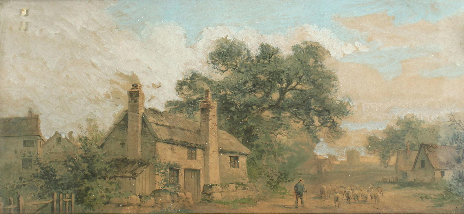 19th/20th century British school, a shepherd and his: 19th/20th century British school, a shepherd and his flock on a path beside cottages, watercolour 13"x29".